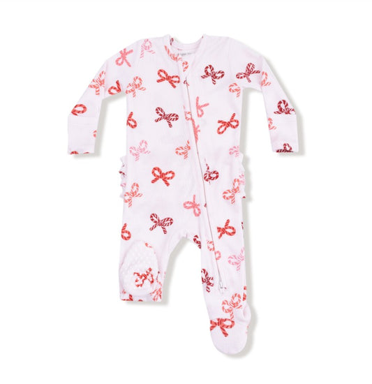 Two Way Ruffle Zipper Footie - Candy Cane Bows