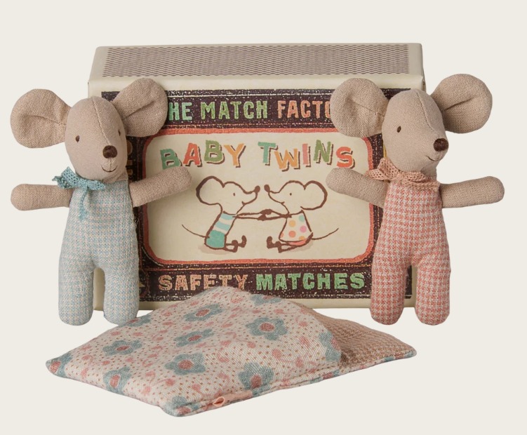Maileg - Twins, Baby Mice in Matchbox - Checker
