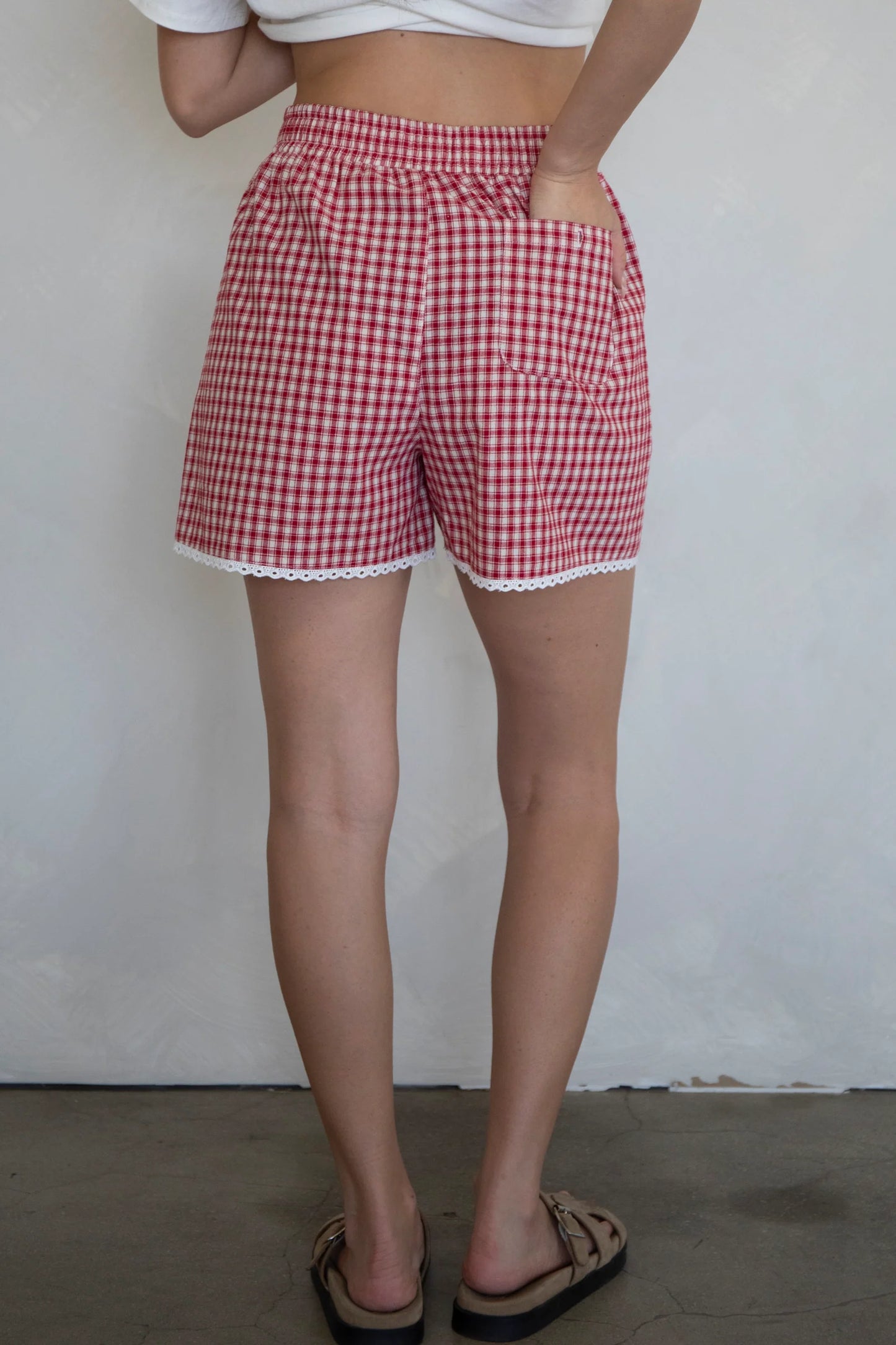 Boxer Shorts with Lace Trim - Red Gingham