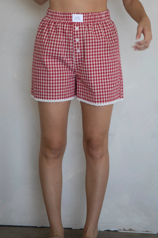 Boxer Shorts with Lace Trim - Red Gingham