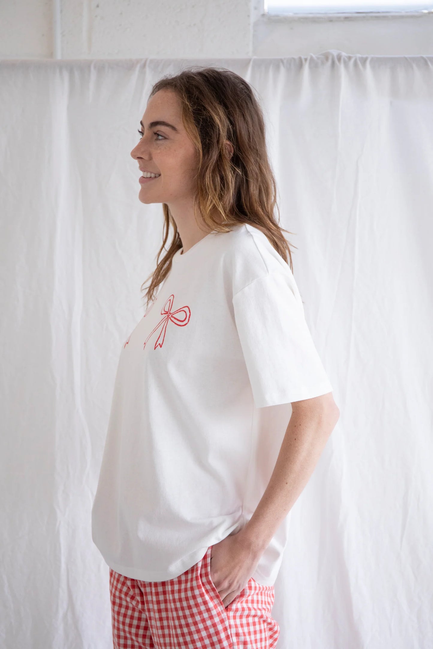 Relaxed Ribbon Tee - Ivory + Red