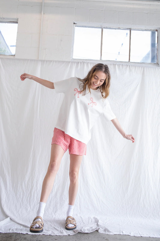 Relaxed Ribbon Tee - Ivory + Red