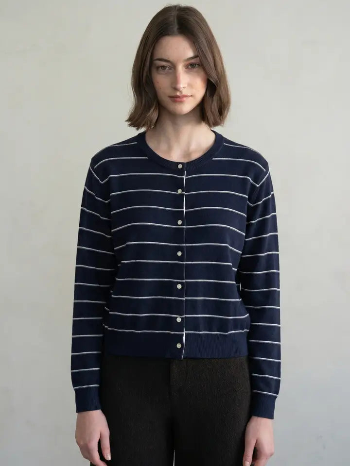 Striped Crew Neck Button Front Cardigan - Navy