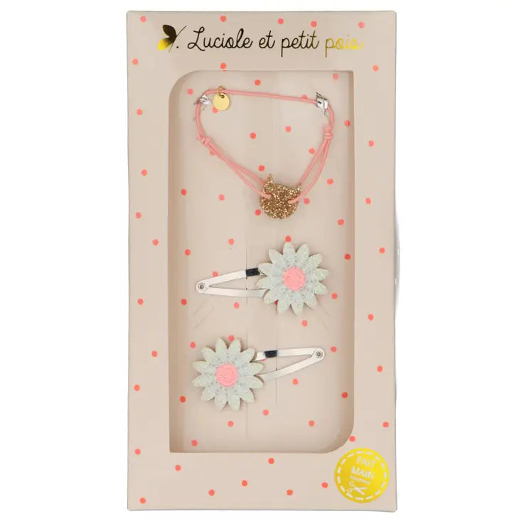 Luciole et Petit Pois - Gift Set - Pink Bracelet + Pink Daisy Barrettes