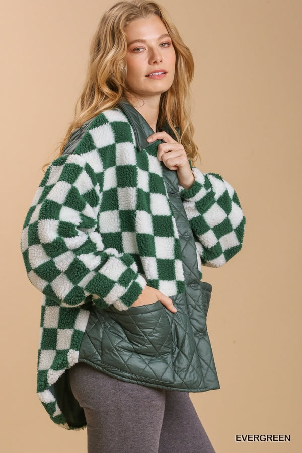 Checkered Collared Button Up Jacket with Quilted Details - Evergreen