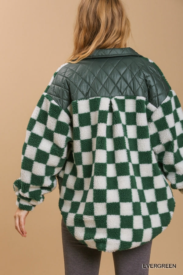 Checkered Collared Button Up Jacket with Quilted Details - Evergreen