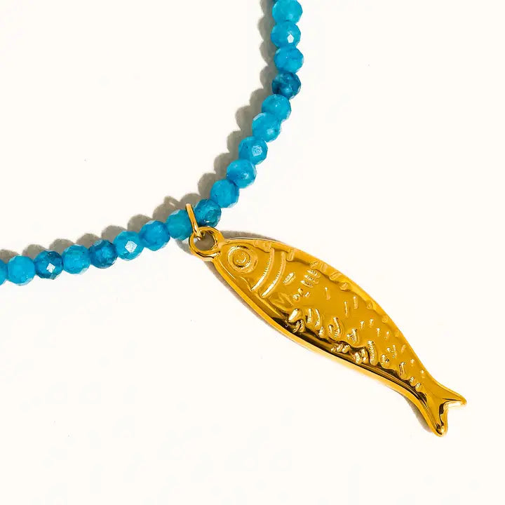 Sasha 18K Gold Non-Tarnish Fish Beaded Necklace - Blue