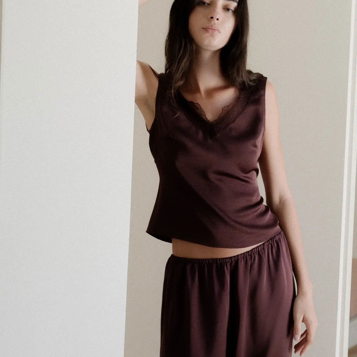 Elastic Wide Leg Satin Pant - Plum