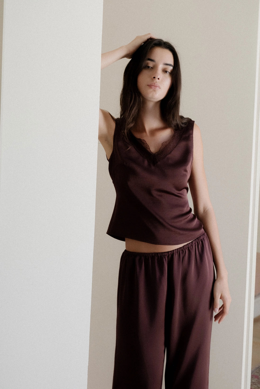 Satin V Neck with Lace Trim