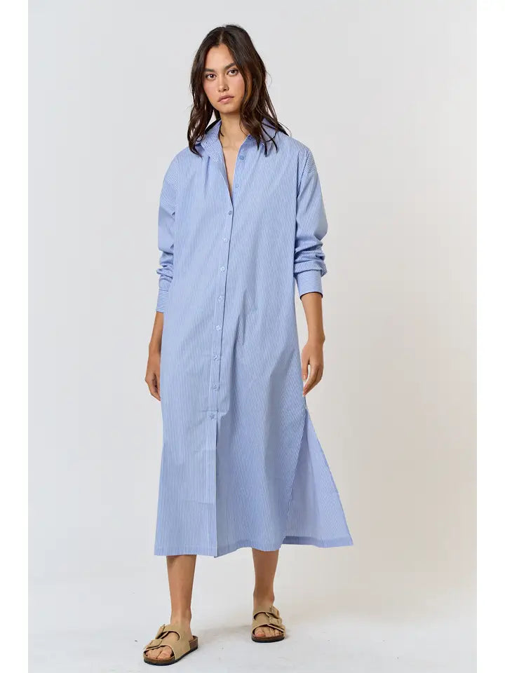 Striped Button-Up Shirt Dress - Blue