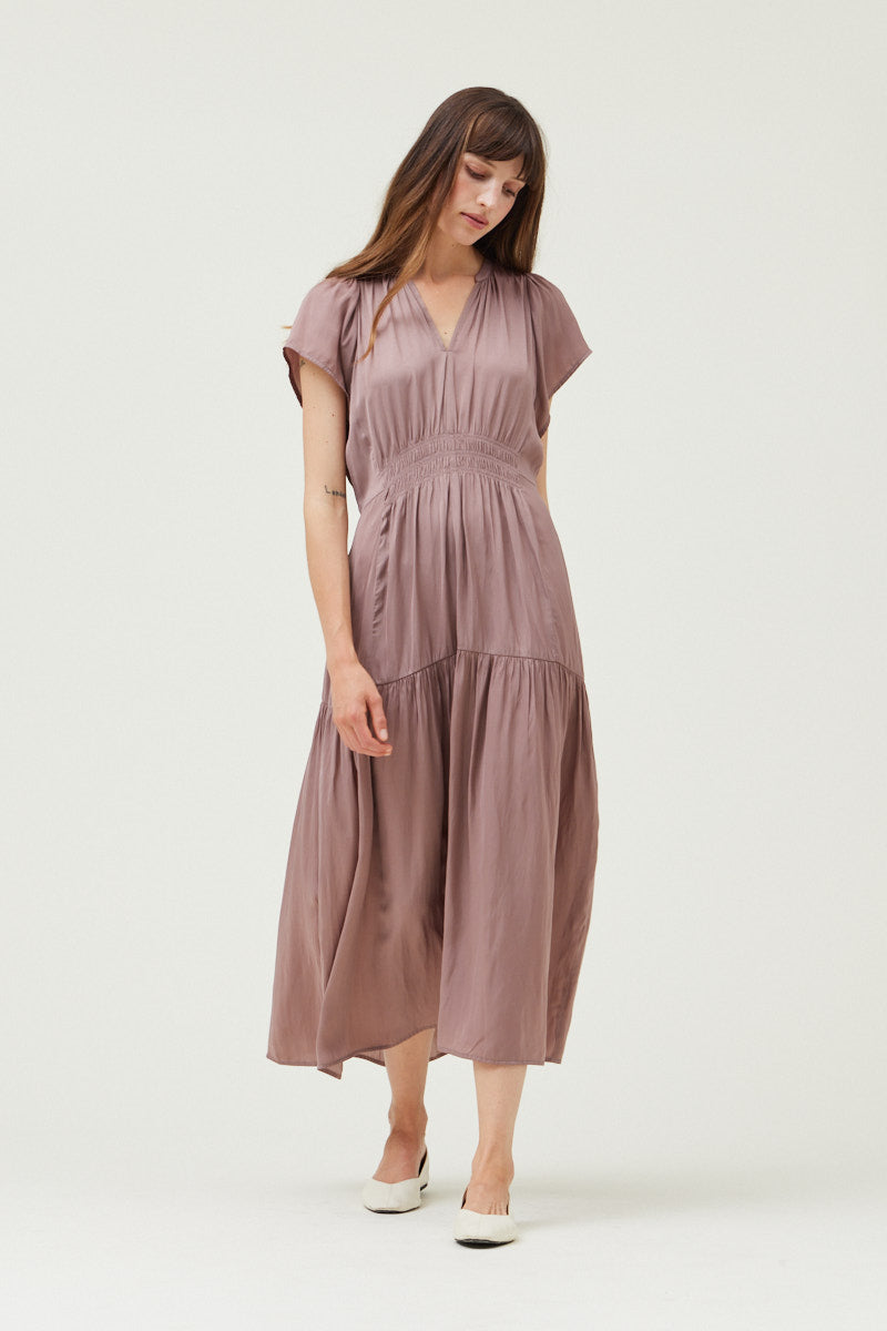 Grade + Gather - Ruffle Satin Midi Dress - Dusty Lilac