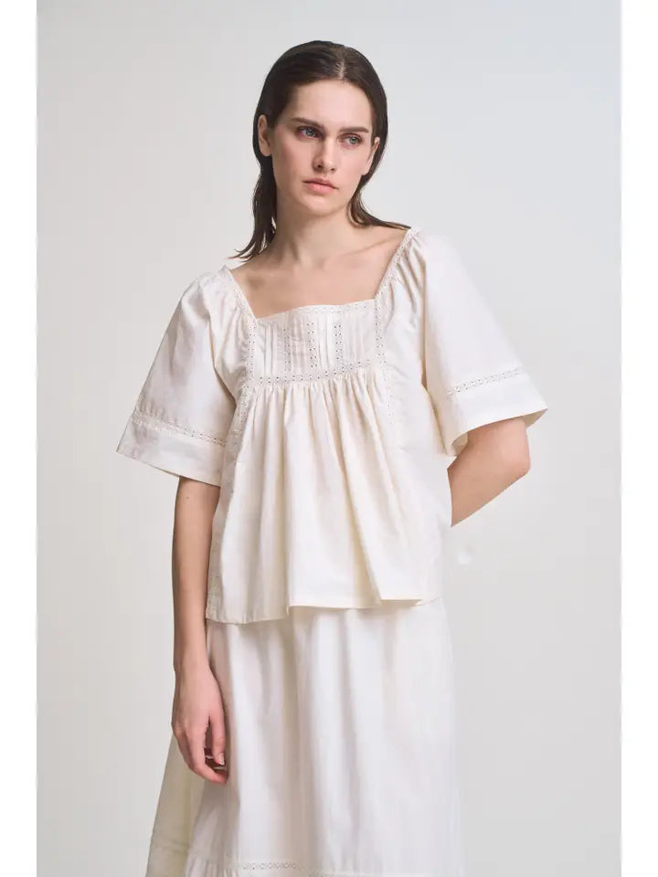 Cotton Lace Trim Blouse Top - Soy