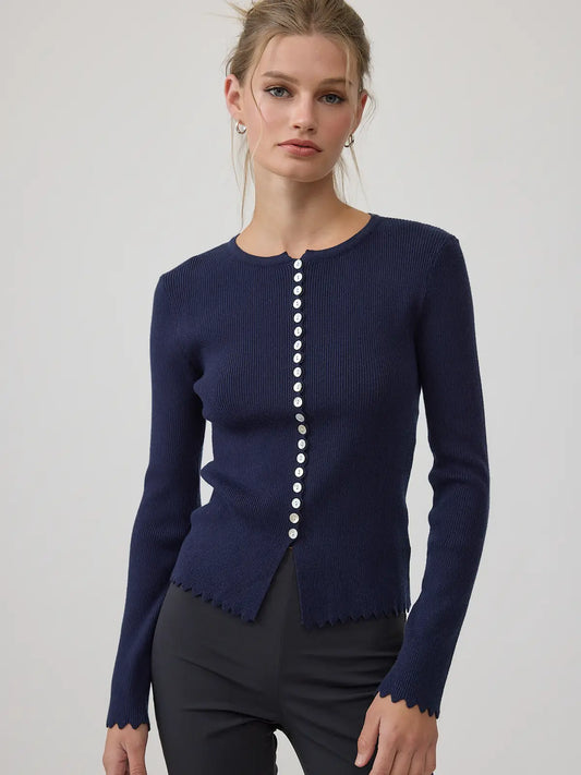 Button Ribbed Knit Cardigan - Navy