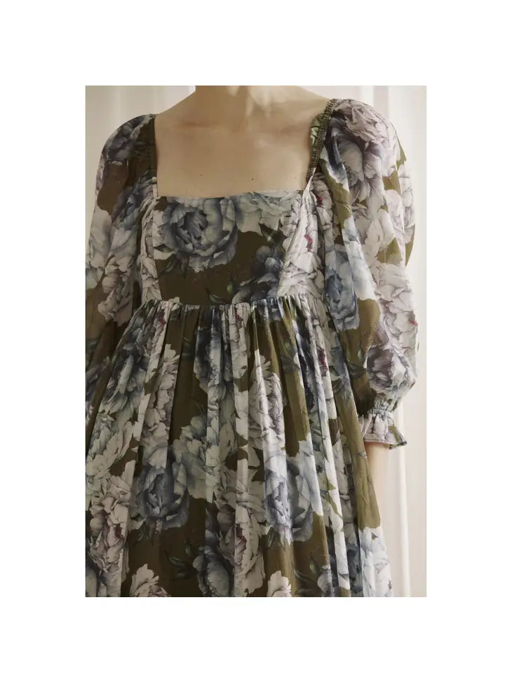 Floral Baby Doll Maxi Dress - Olive/Blue