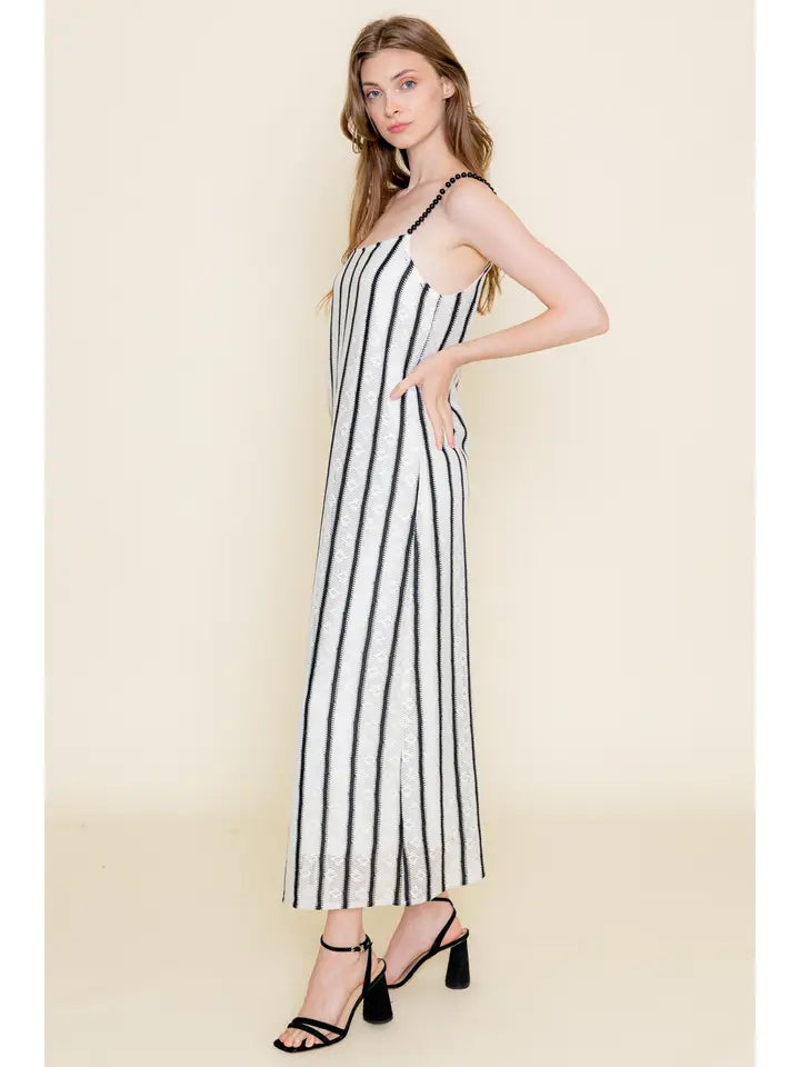 Resort Striped Bead Strap Knit Maxi Dress - Ivory + Black