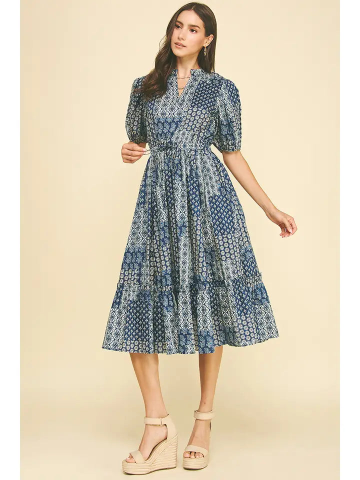 Tiered Midi Dress - Navy Floral