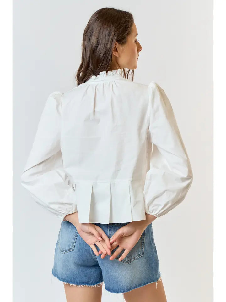 Ruffle Neck Puff Sleeve Button Down Blouse - White