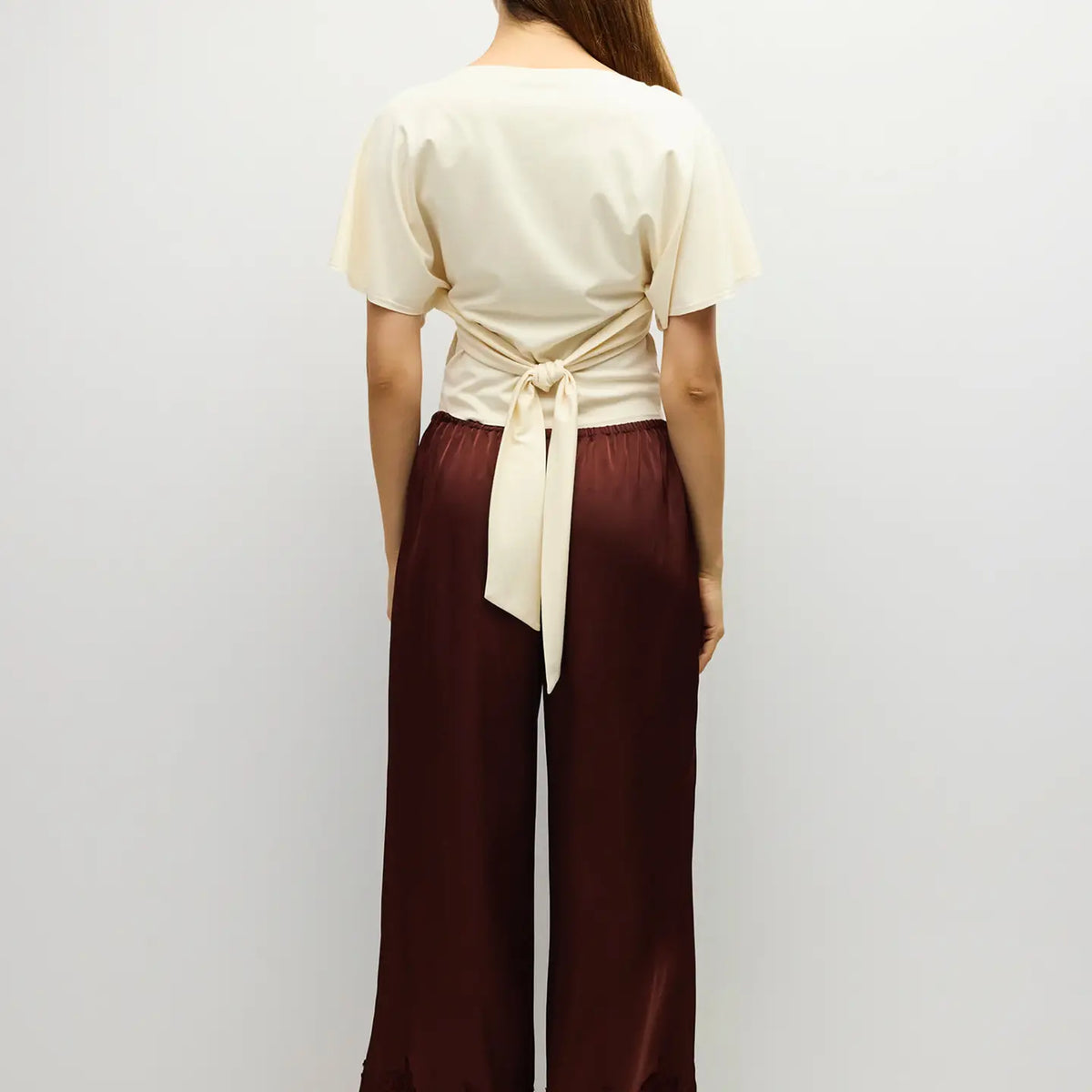 Elastic Wide Leg Satin Pant - Brown