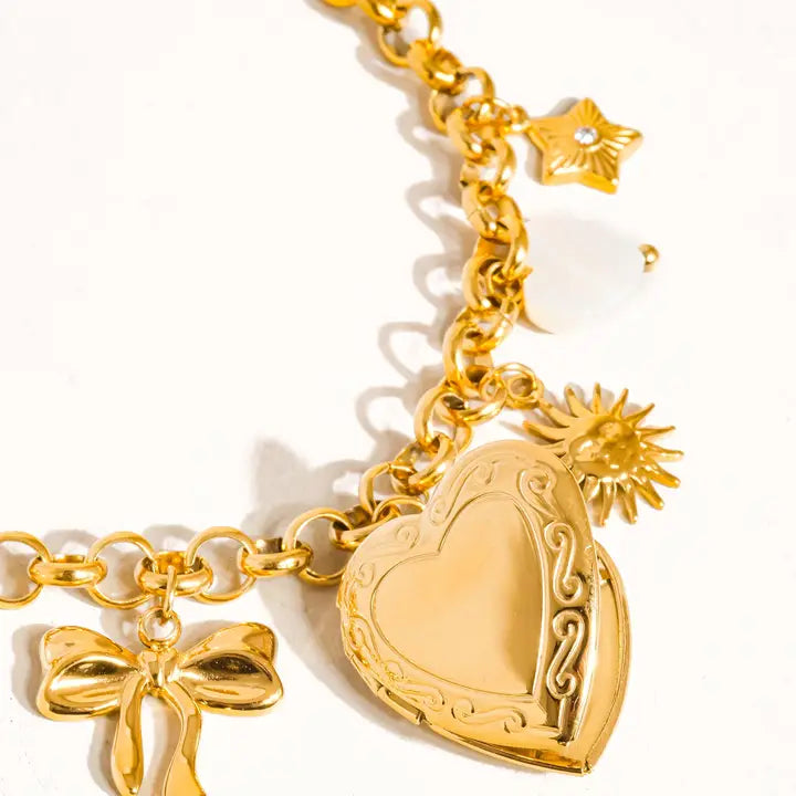 Eydn 18K Gold Non-Tarnish Heart Locket Charm Bracelet - Yellow Gold