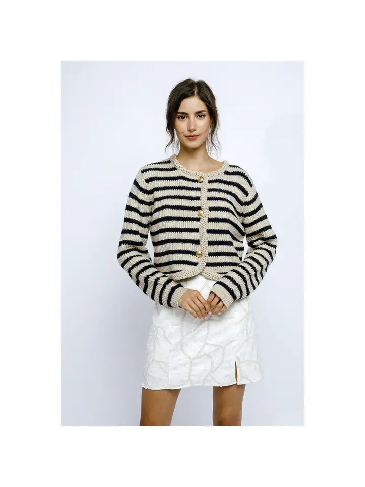 Nautical Stripe Thick Knit Cardigan - Beige & Navy Stripe