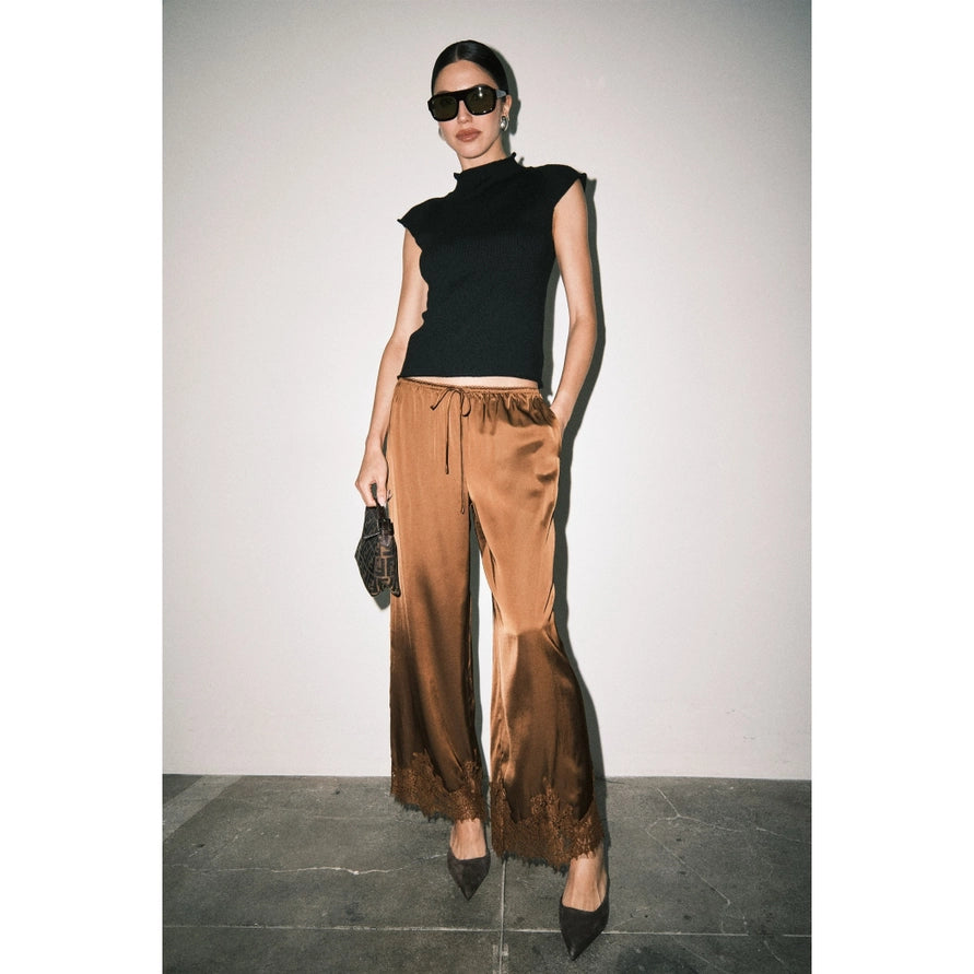 Satin Lace Hem Wide Leg Pant - Brown