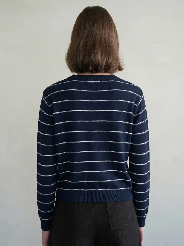 Striped Crew Neck Button Front Cardigan - Navy
