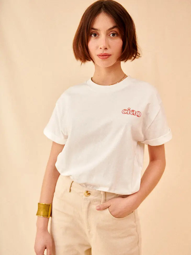 Ciao Embroidered Tee - Ecru