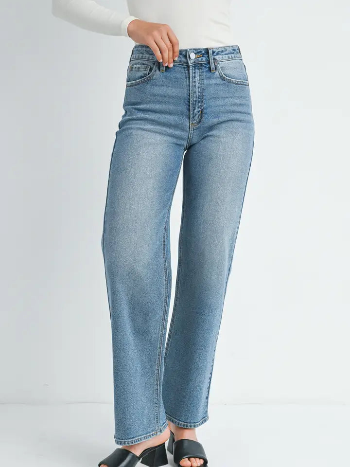 High Rise Full Length Straight Jean - Medium Denim