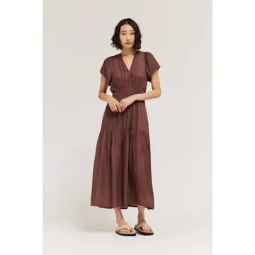Grade + Gather - Ruffle Satin Midi Dress - Tobacco