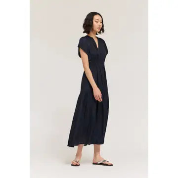 Grade + Gather - Ruffle Satin Midi Dress - Midnight