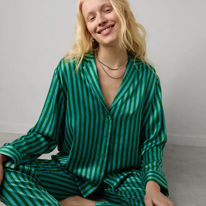 Lunya - Washable Silk Long Sleeve Pant Set - Halcyon Stripe