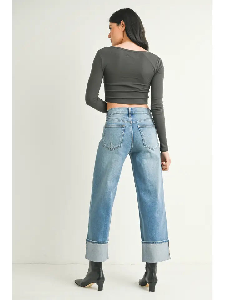 Petite Cuffed Slim Wide Denim Pant - Medium Denim