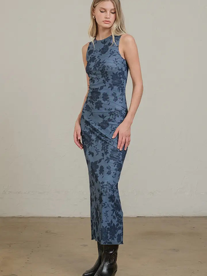 Midnight Bloom Mesh Dress - Blue Floral
