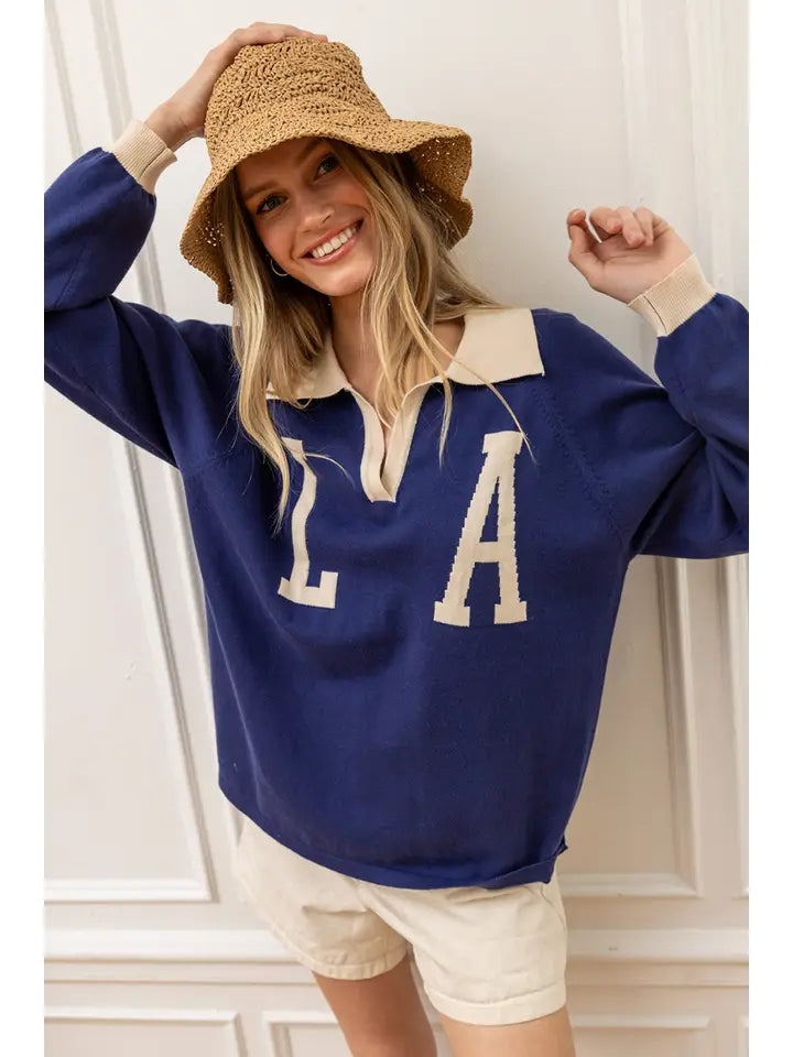 Collared Knit Pullover - Cobalt Blue