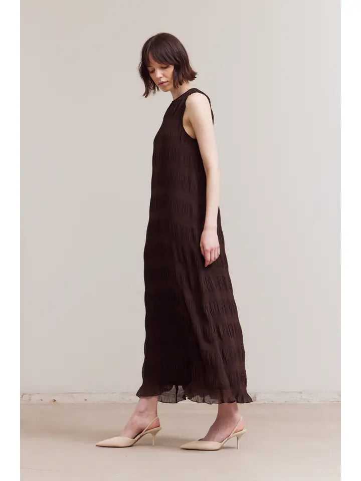 Grade + Gather - Pleated Chiffon Dress - Chocolate