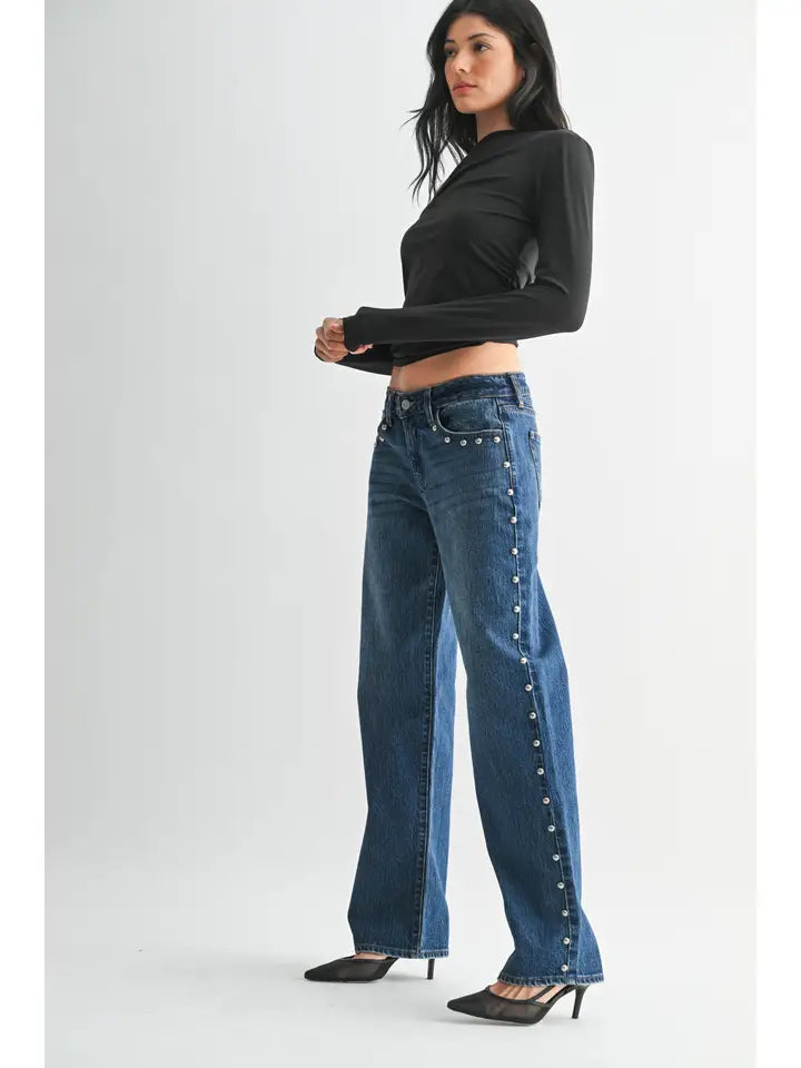Low Rise Studded Baggy Jean - Dark Denim