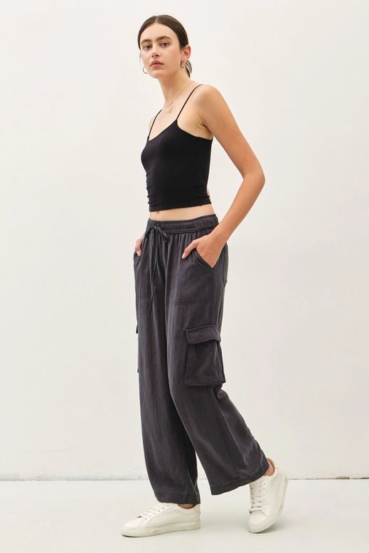 High Rise Drawstring Wide Leg Cargo - Charcoal