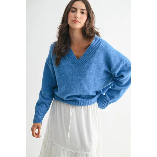 V-Neck Knit Sweater - Blue