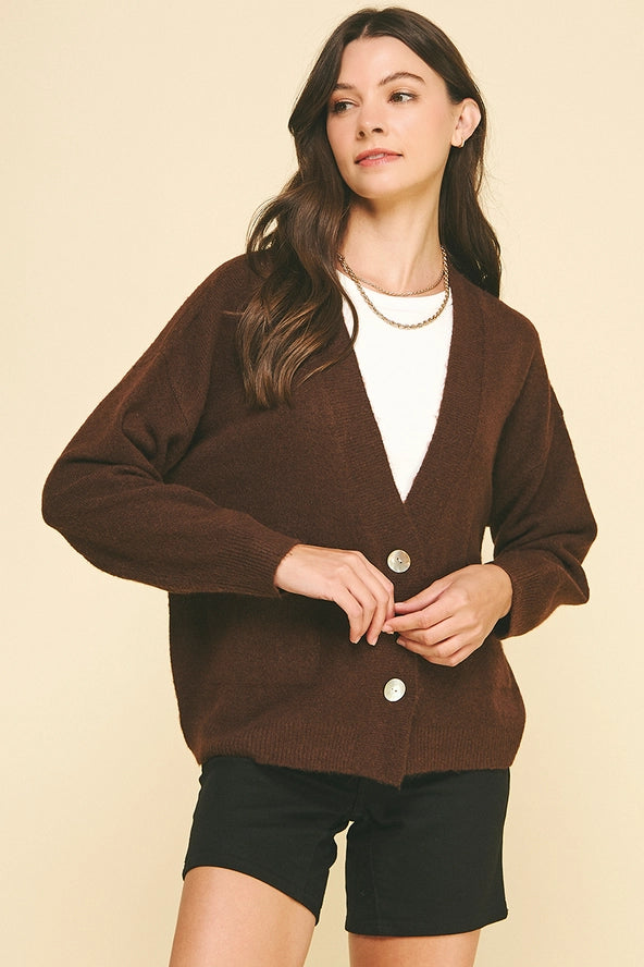 V-Neck Cardigan with Pockets - Chocolate