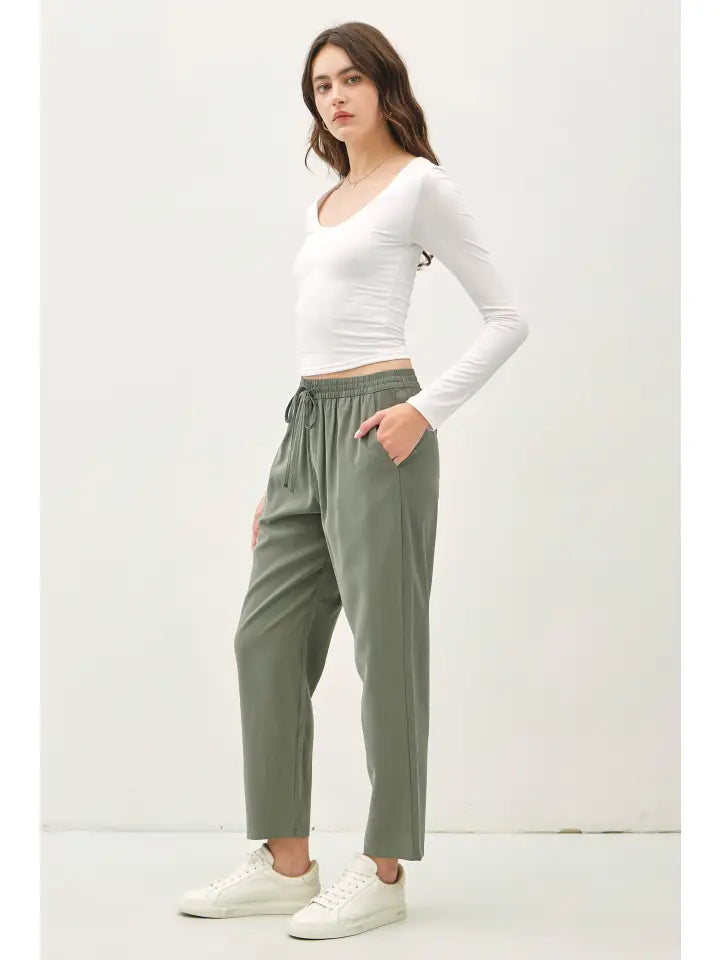 High Rise Elastic Drawstring Pants - Pine