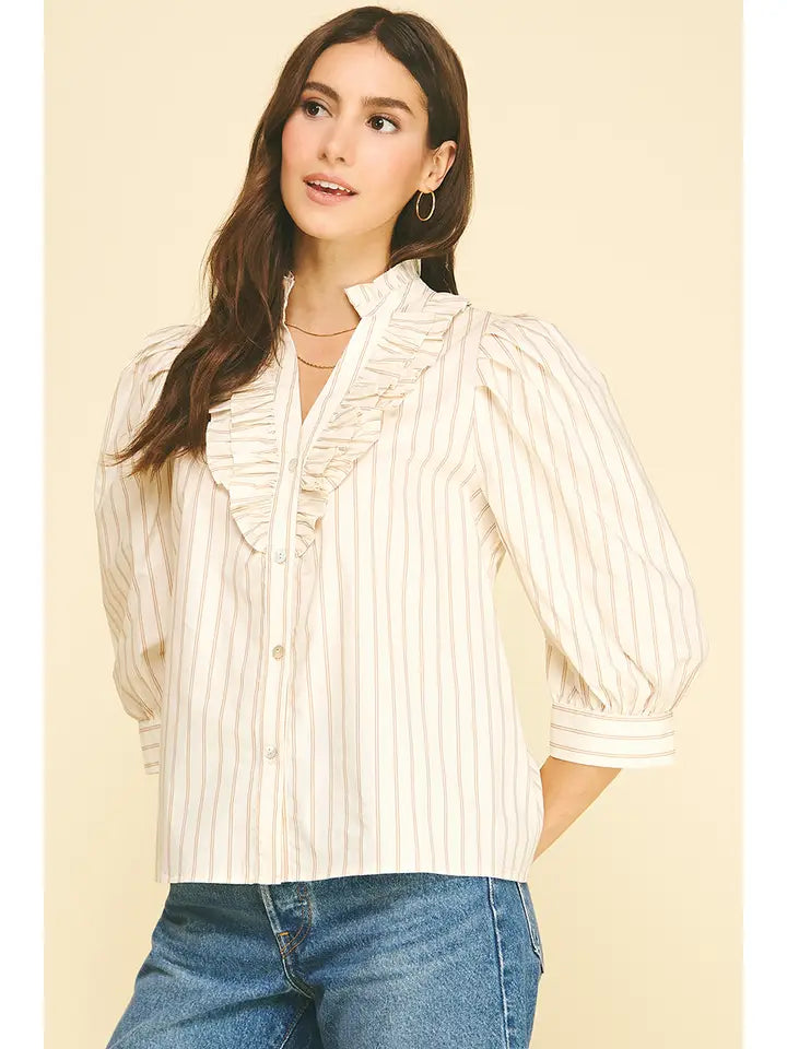 Striped Ruffle Collar Puff Sleeve Blouse - Cream + Taupe
