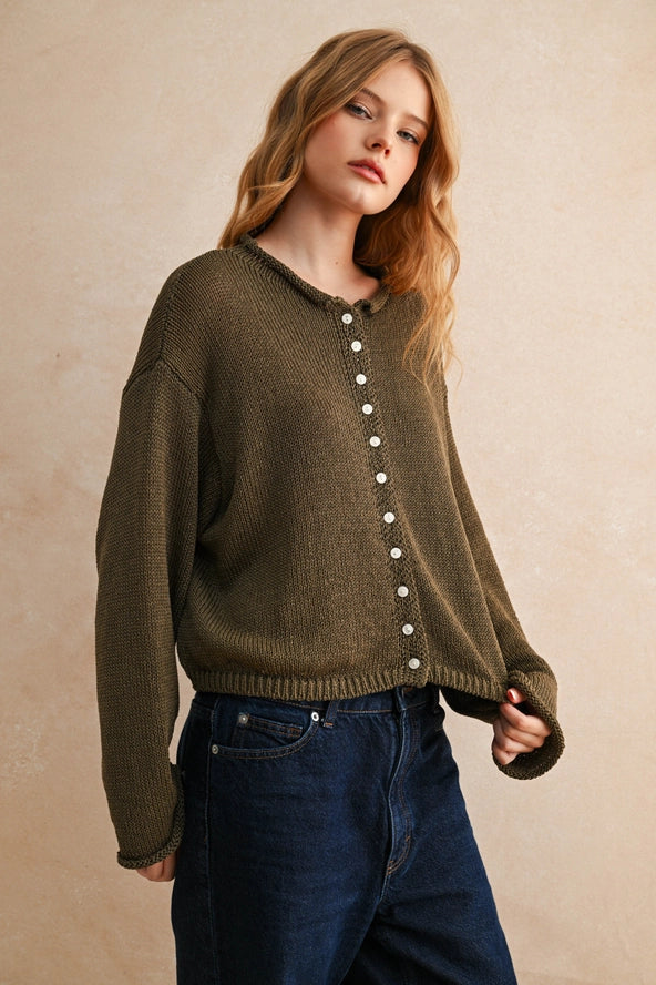 Light Weight Button Front Cardigan - Coffee