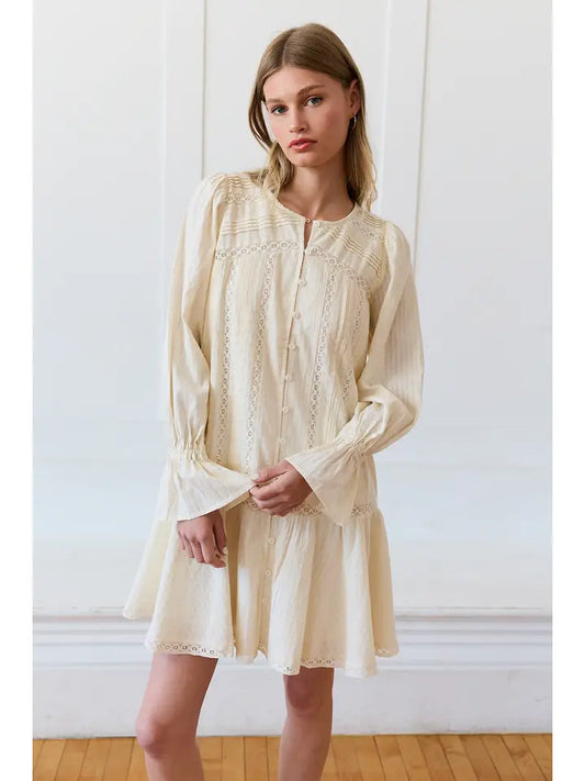 Lace Pintuck Tiered Tunic Dress - Cream