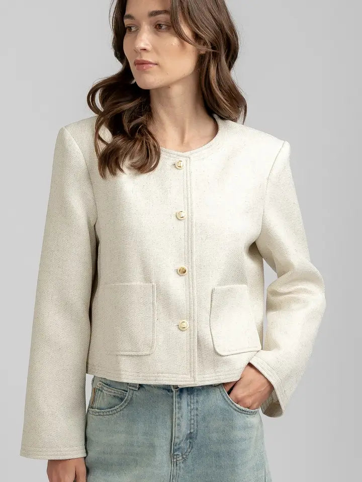 Crew Neck Tweed Jacket - Ivory