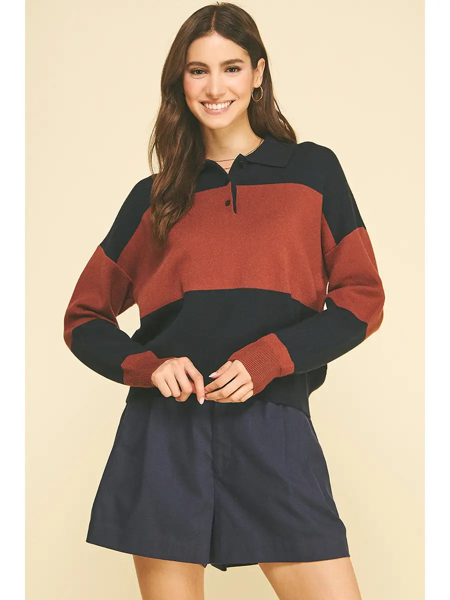 Color Block Knit Polo Sweater - Navy + Rust