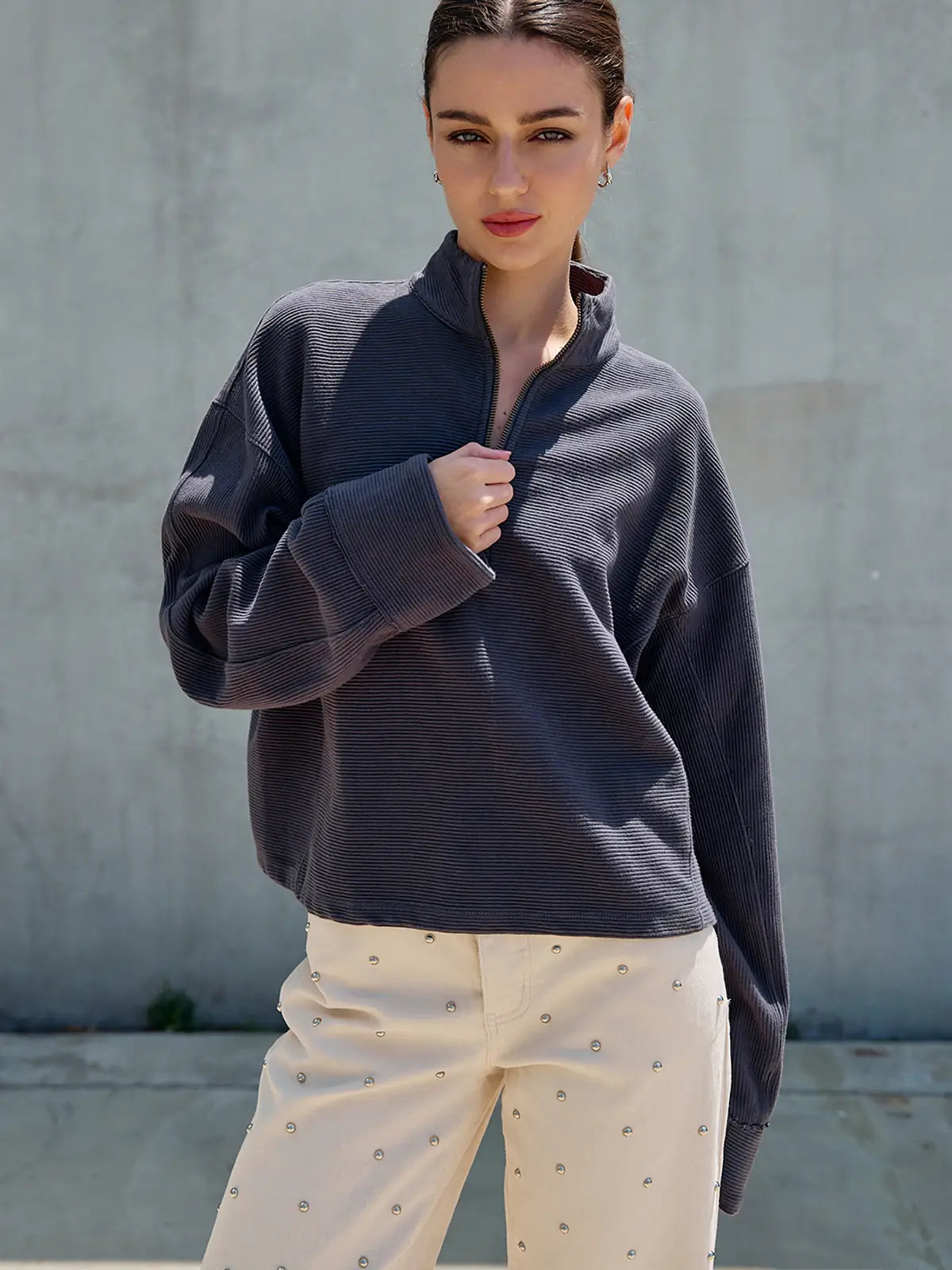 Textured Half Zip Pullover - Washed Charcoal