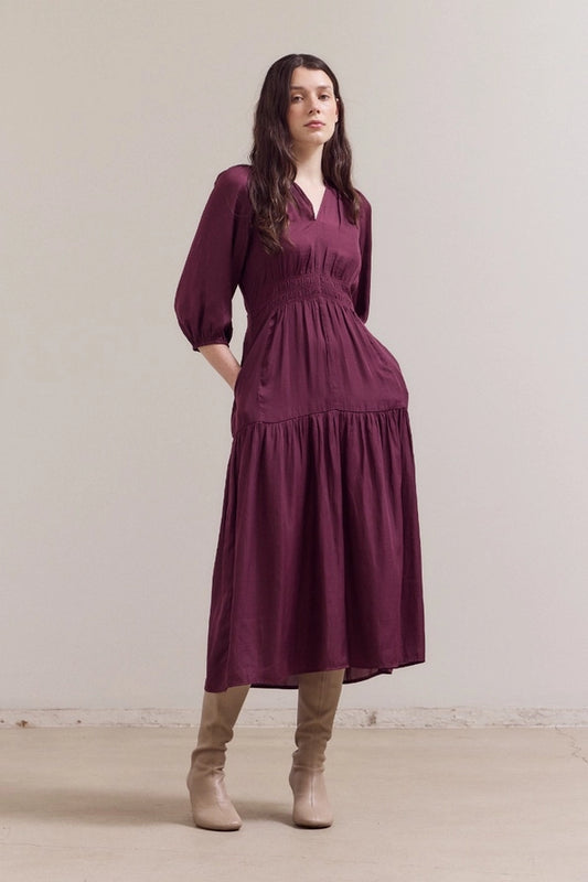 Grade + Gather - Satin Midi Dress - Plum Wine