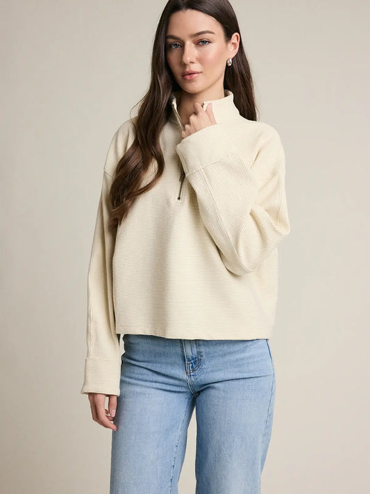 Textured Half Zip Pullover - Light Beige