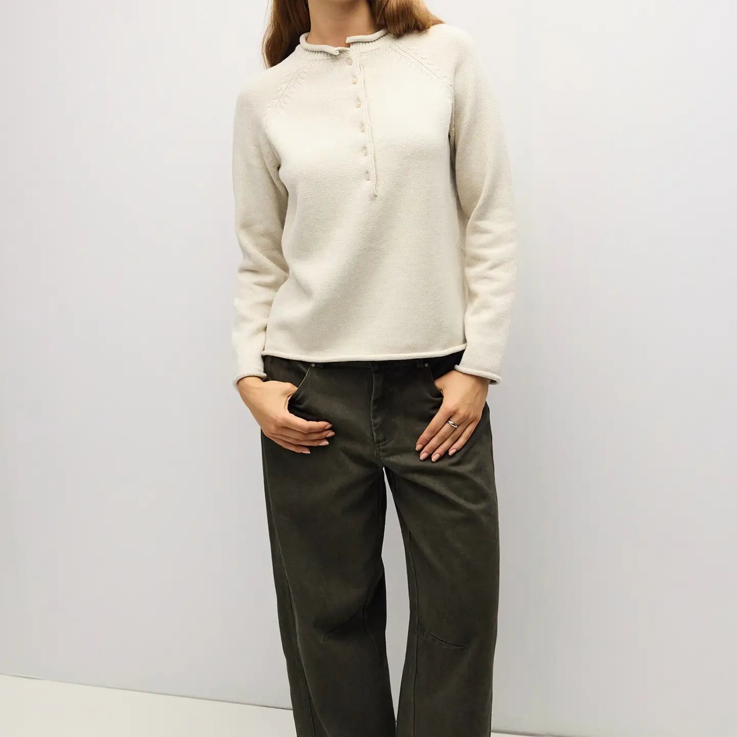 Rolled Neck Raglan Sweater - Oatmeal