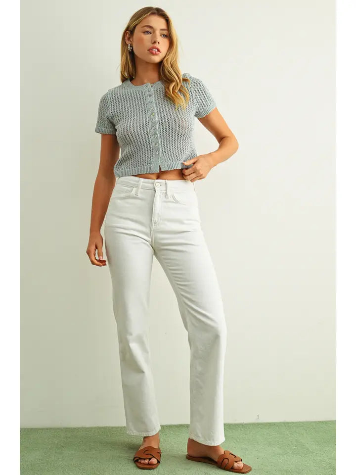 Button Front Short Sleeve Knit Top - Aqua Grey